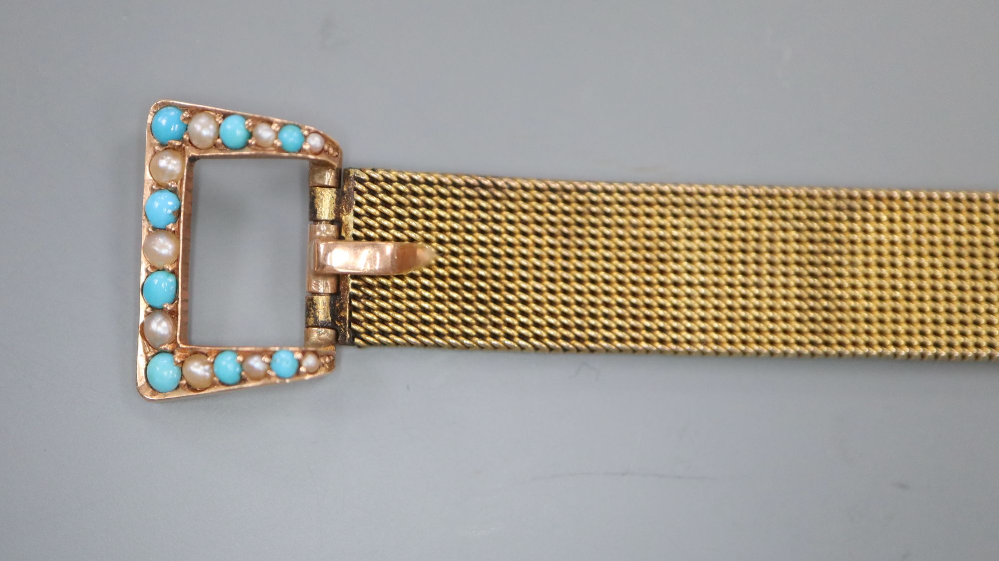 A yellow metal mounted turquoise and seed pearl set mesh link bracelet, overall 22.5cm, gross 20 grams.